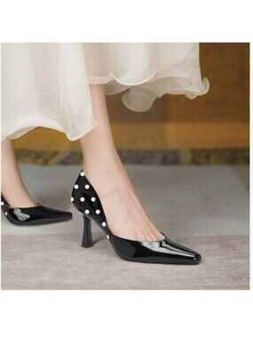 FOWT Black Polka Dot V-Cut Splicing Flared Heel Slip on Dress Pumps for Women